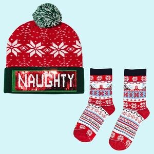 BUNDLE Christmas Hat Beanie Reversible Naughty Nice Sequins & 1 Pair Socks Gift